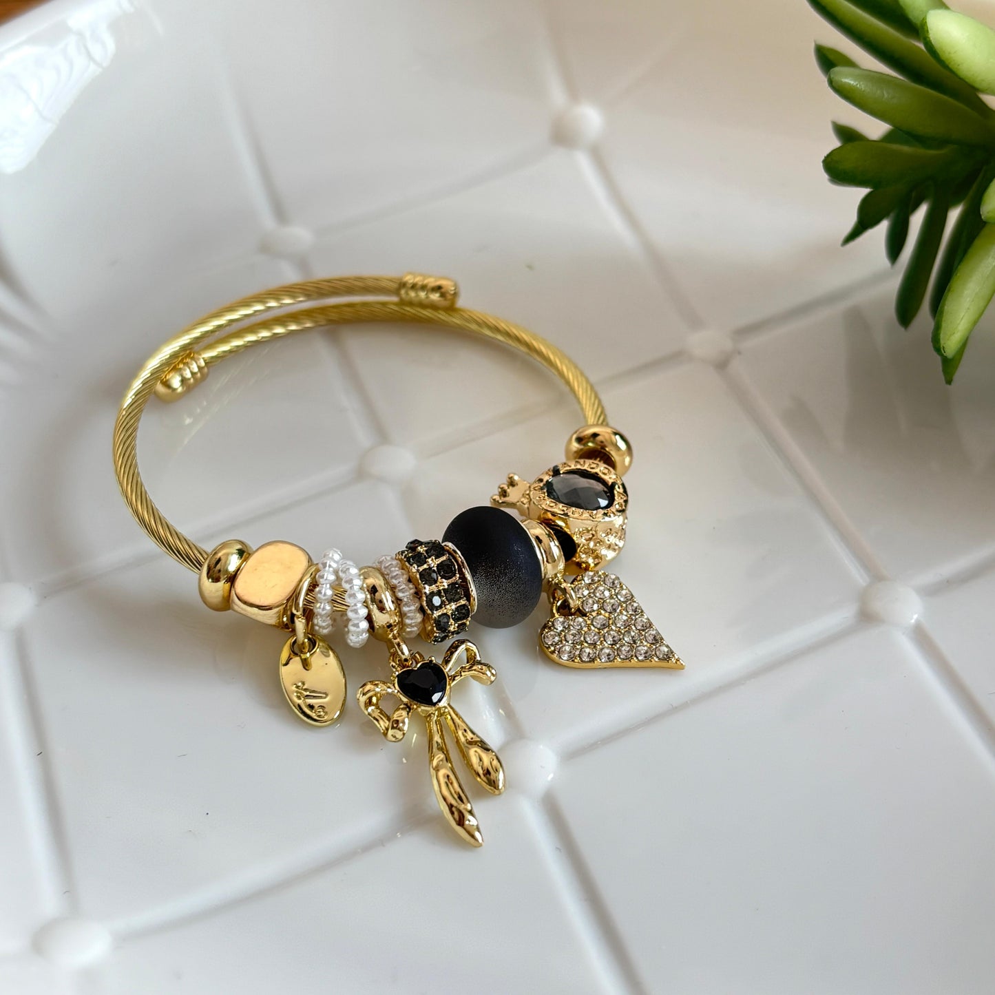 Women Golden Black Bow Pandora Charm Bracelet