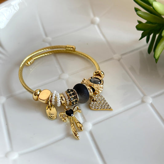 Women Golden Black Bow Pandora Charm Bracelet
