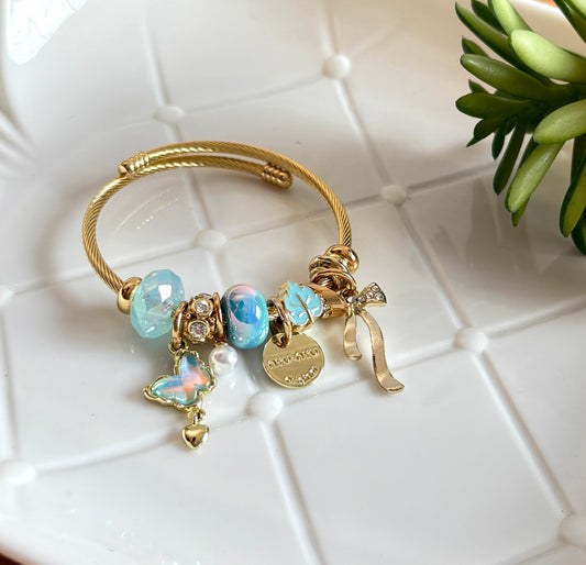 Women Golden Blue Bow Pandora Charm Bracelet