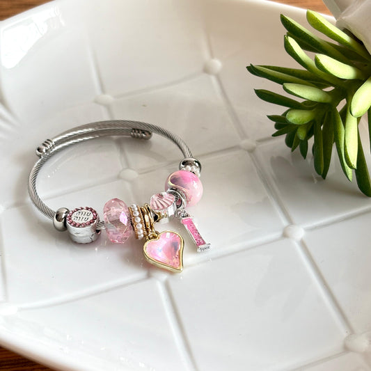 Women Silver Pink Heart Pandora Charm Bracelet