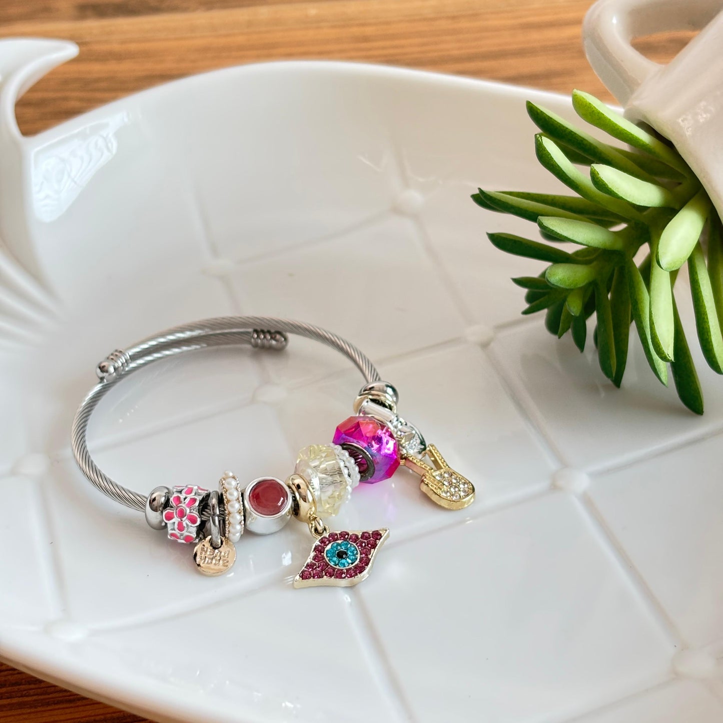 Women Silver Pink Evil Eye Pandora Charm Bracelet