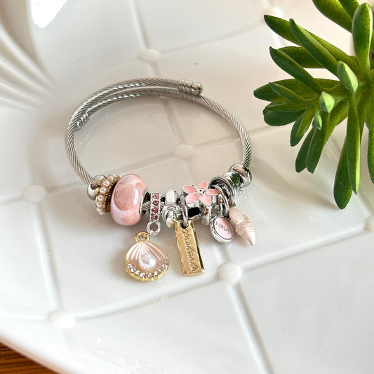 Women Silver Pink Sea Shell Pandora Charm Bracelet