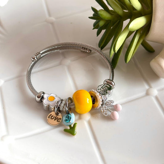 Women Silver Cute Tulip Cherry Pandora Charm Bracelet