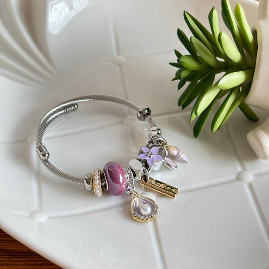 Women Silver Lilac Sea Shell Pandora Charm Bracelet