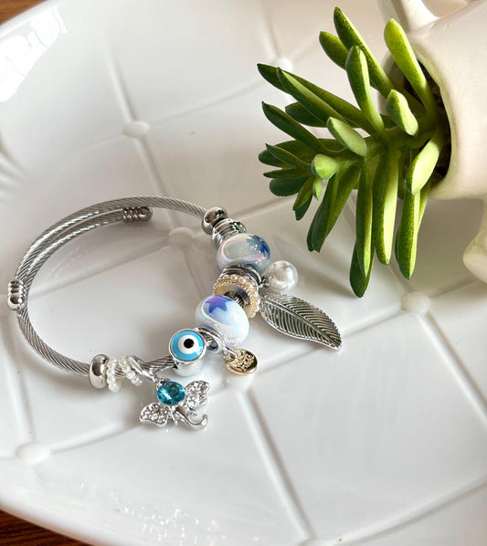 Women Silver Blue Leaf Pandora Charm Bracelet