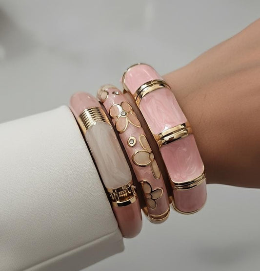 Women Floral Pink Enamel Kada Bracelet Stack (Set Of 3)