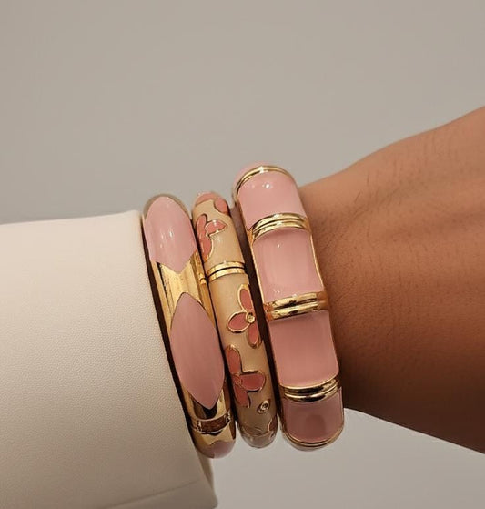 Women Pink Enamel Kada Bracelet Stack (Set Of 3)