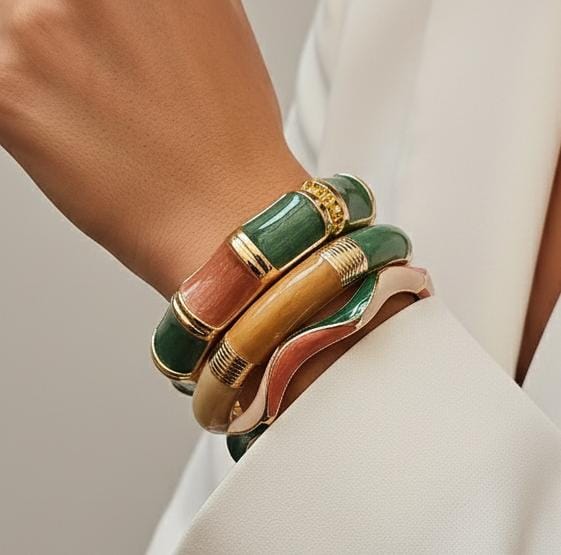Women Brown Green Enamel Kada Bracelet Stack (Set Of 3)