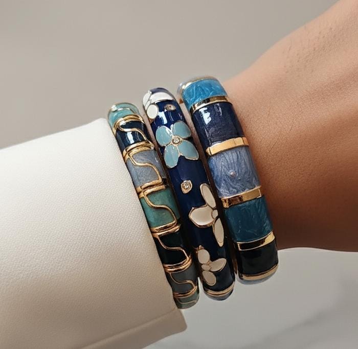 Women Blue Flower Enamel Kada Bracelet Stack (Set Of 3)