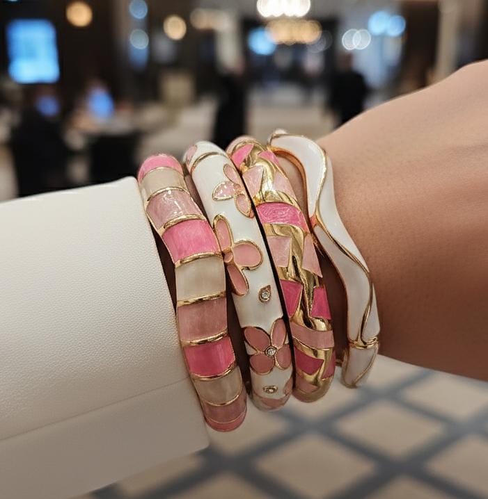 Women Pink White Enamel Kada Bracelet Stack (Set of 4)