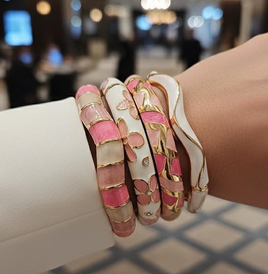 Women Pink White Enamel Kada Bracelet Stack (Set of 4)