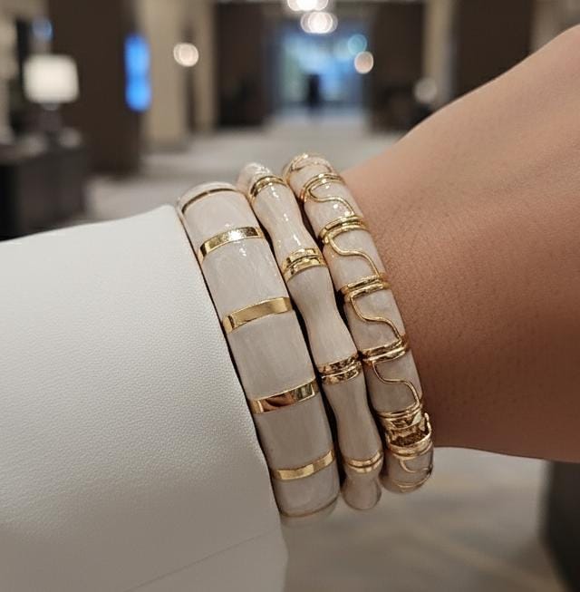 Women White Enamel Kada Bracelet Stack (Set of 3)