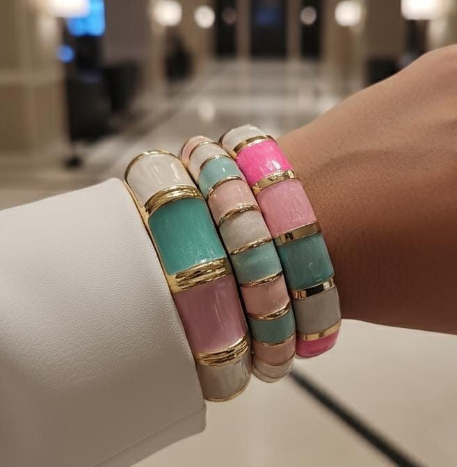 Women Pink Blue Enamel Kada Bracelet Stack (Set of 3)