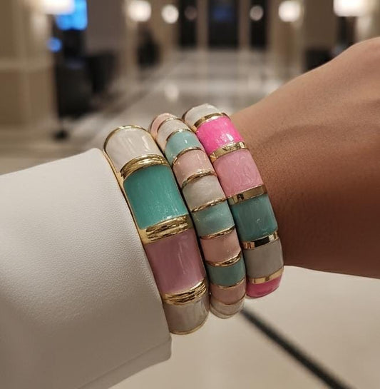 Women Pink Blue Enamel Kada Bracelet Stack (Set of 3)