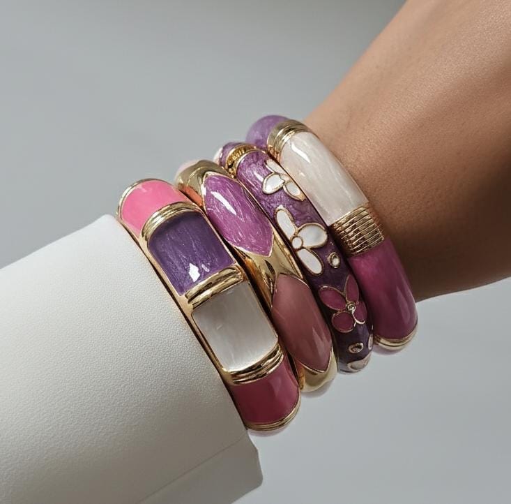 Women Purple Enamel Kada Bracelet Stack (Set of 4)