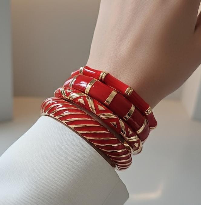 Women Red Curve Enamel Kada Bracelet Stack (Set of 4)