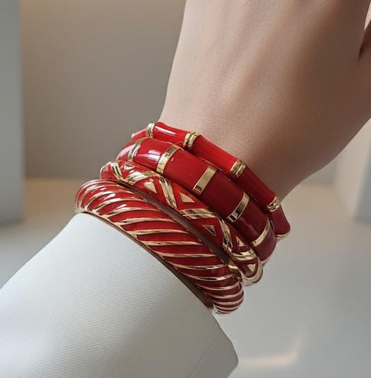 Women Red Curve Enamel Kada Bracelet Stack (Set of 4)