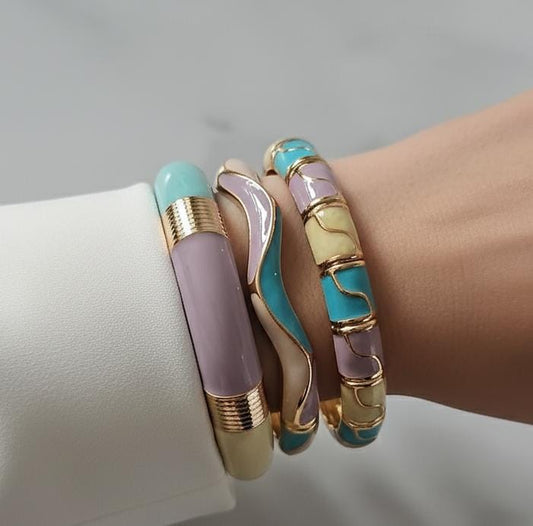 Women Blue Purple Beige Enamel Kada Bracelet Stack (Set of 3)