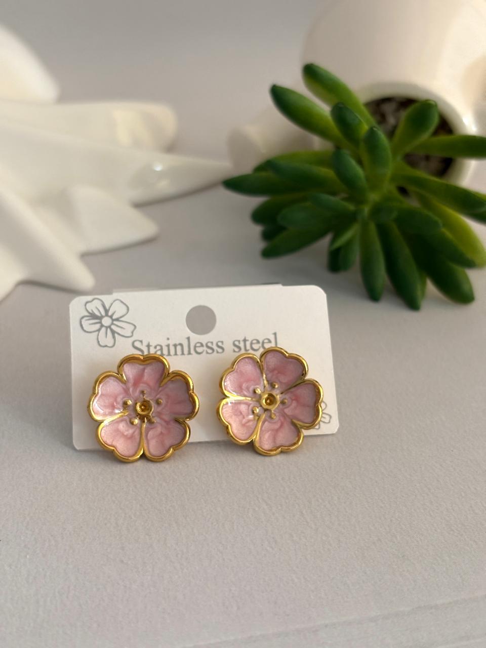 Women Enamel Pink Flower Earring