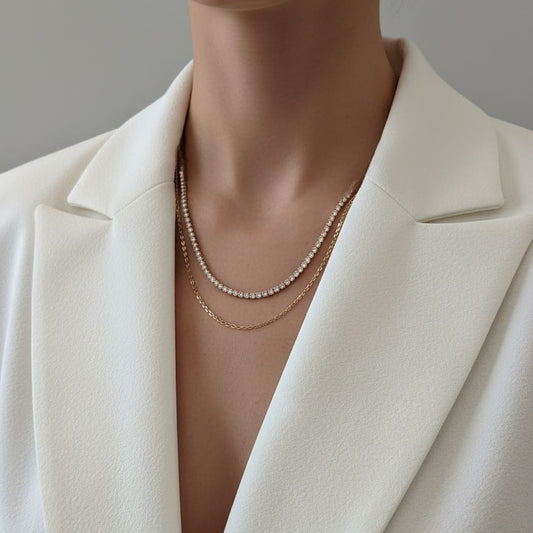 Women Tennis Chain Layered Necklace (Anti Tarnish)