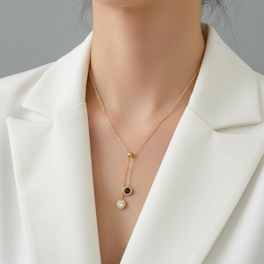 Women Black White Stone Layered Necklace (Anti Tarnish)