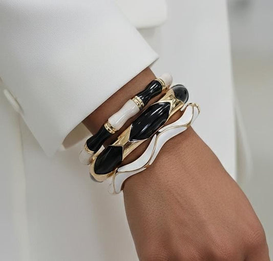 Women Black And White Enamel Kada Bracelet Stack (Set of 3)