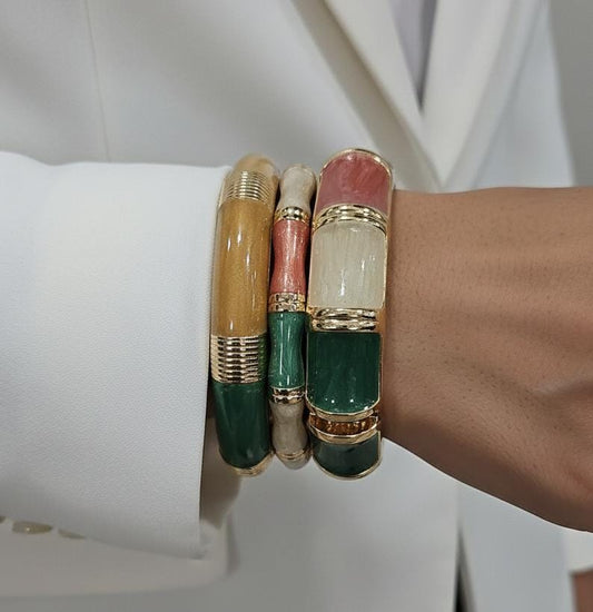 Women Brown Green Enamel Kada Bracelet Stack (Set Of 3)