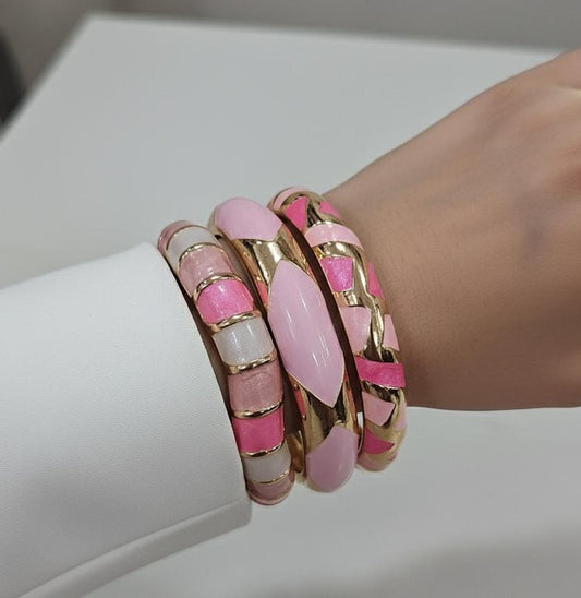 Women Elegant Pink Enamel Kada Bracelet Stack (Set Of 3)