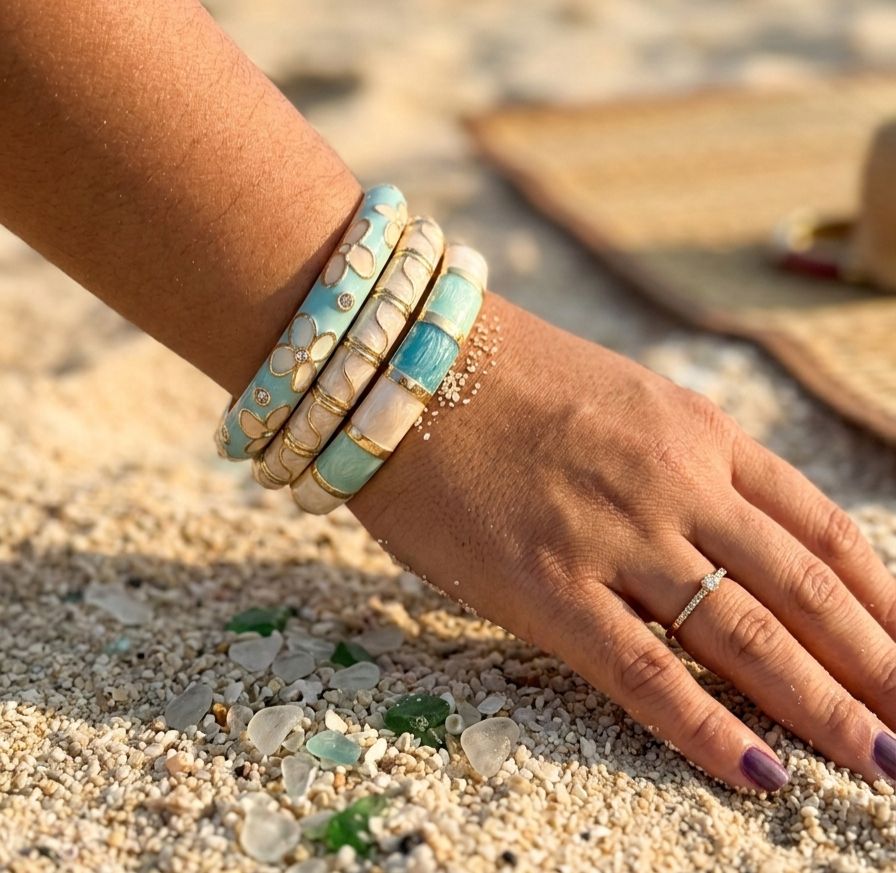 Women Light Blue Enamel Kada Bracelet Stack (Set of 3) - Nimé By Shop Trendys