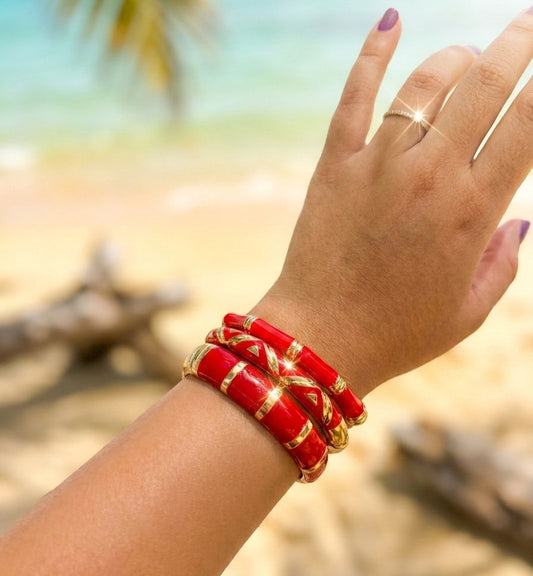 Women Red Enamel Kada Bracelet Stack (Set of 3) - Nimé By Shop Trendys