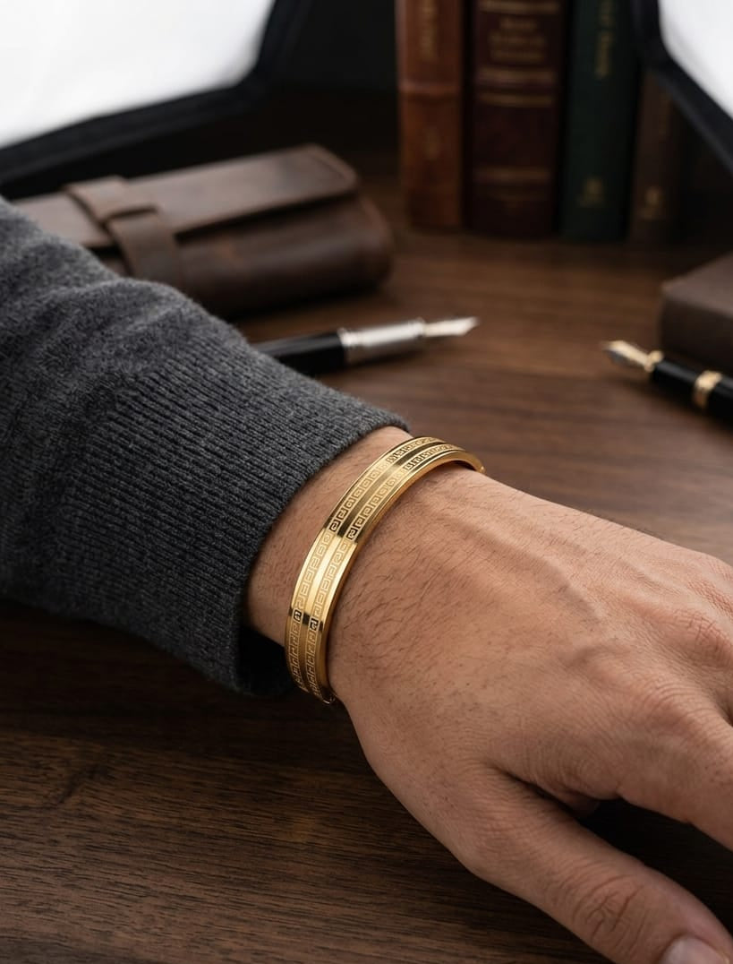 Men Golden Striped Tribal Kada Bracelet (Anti Tarnish) - Nimé By Shop Trendys
