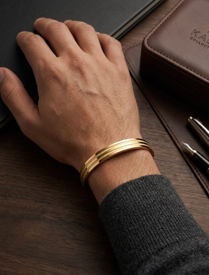 Men Golden Statement Striped Kada Bracelet (Anti Tarnish) - Nimé By Shop Trendys