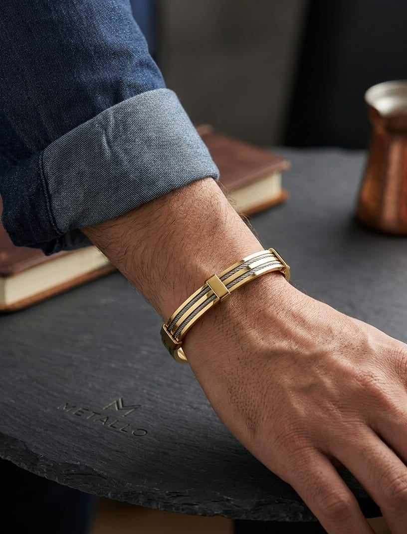 Men Golden Black Striped Kada Bracelet (Anti Tarnish) - Nimé By Shop Trendys