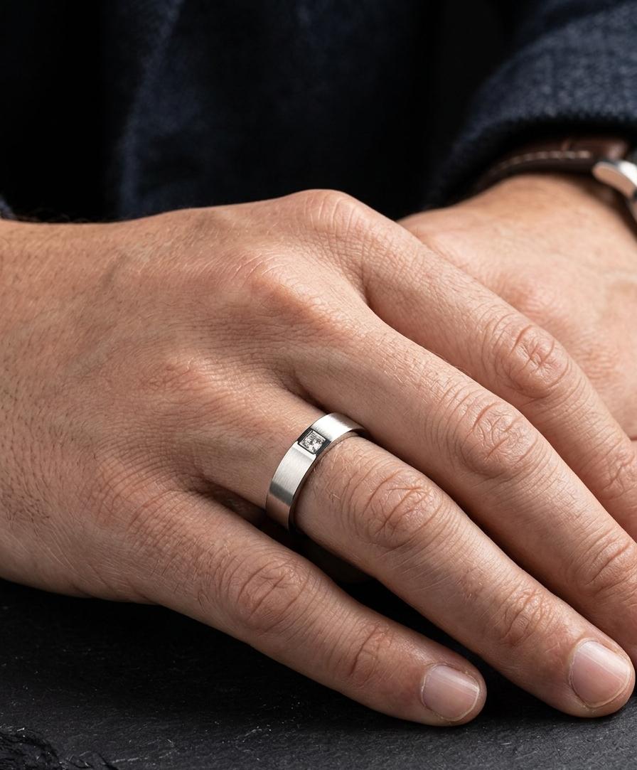 Men Silver Diamond Band Ring