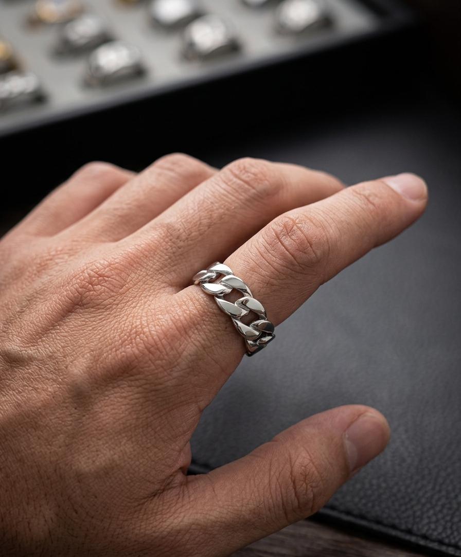 Men Silver Chain Statement Ring