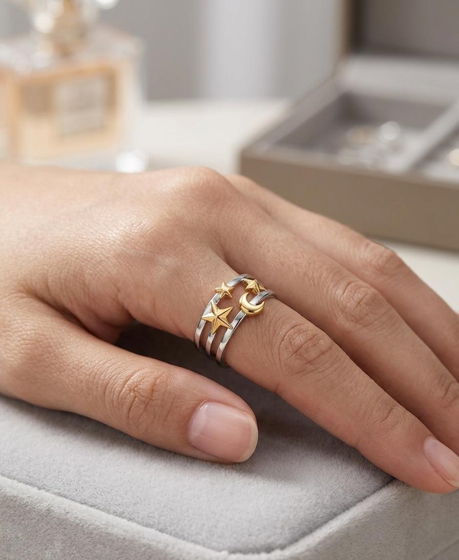 Women Star Moon Dual Tone Adjustable Ring