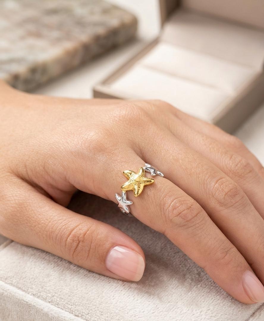 Women Dual Tone Star Fish Adjustable Ring