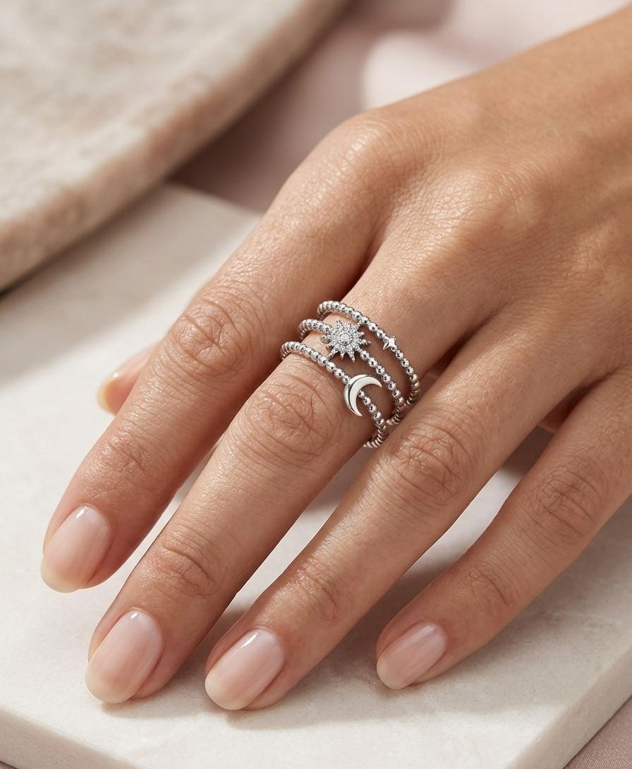 Woman Silver Star Moon Layered Adjustable Ring