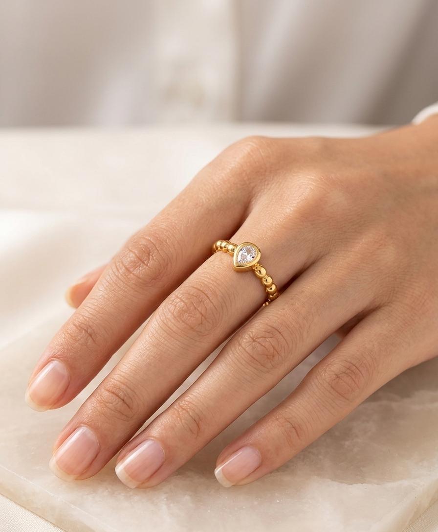 Woman Drop Diamond Golden Ring (Adjustable)