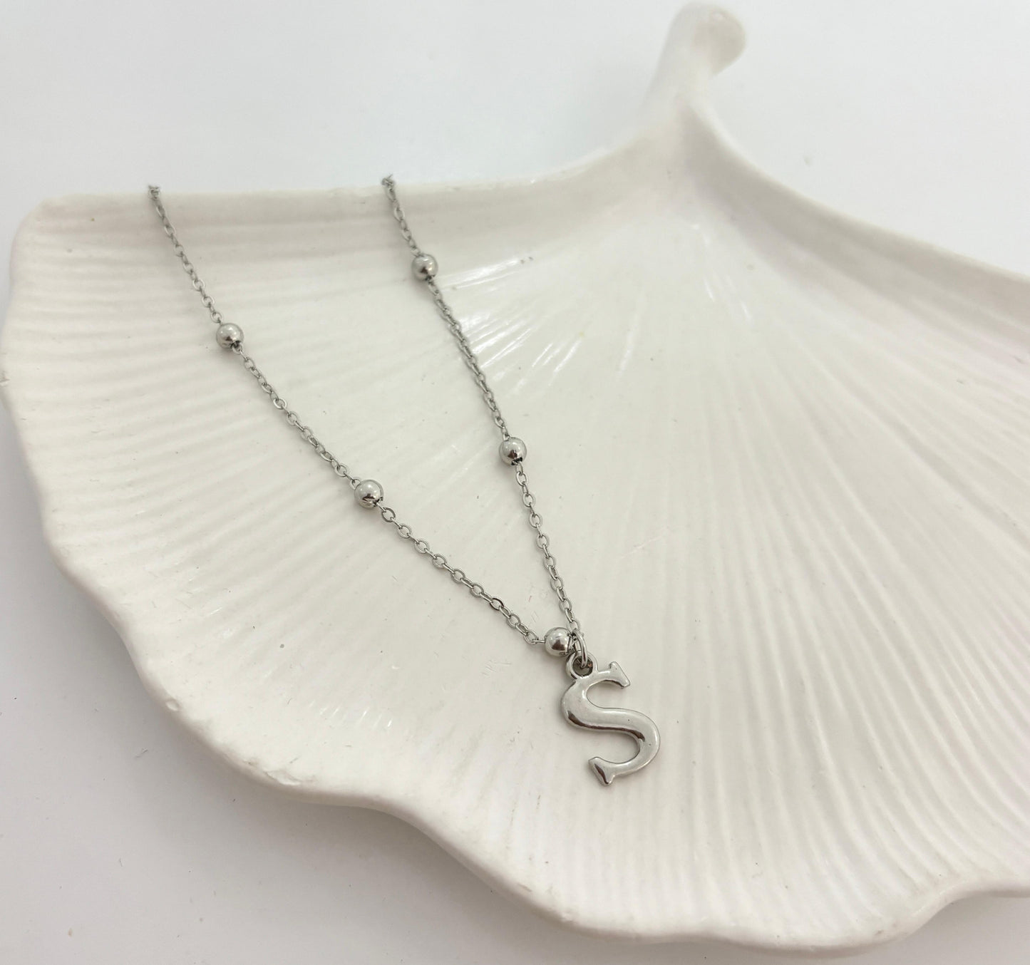 Silver Ball Chain Initial Women Necklace