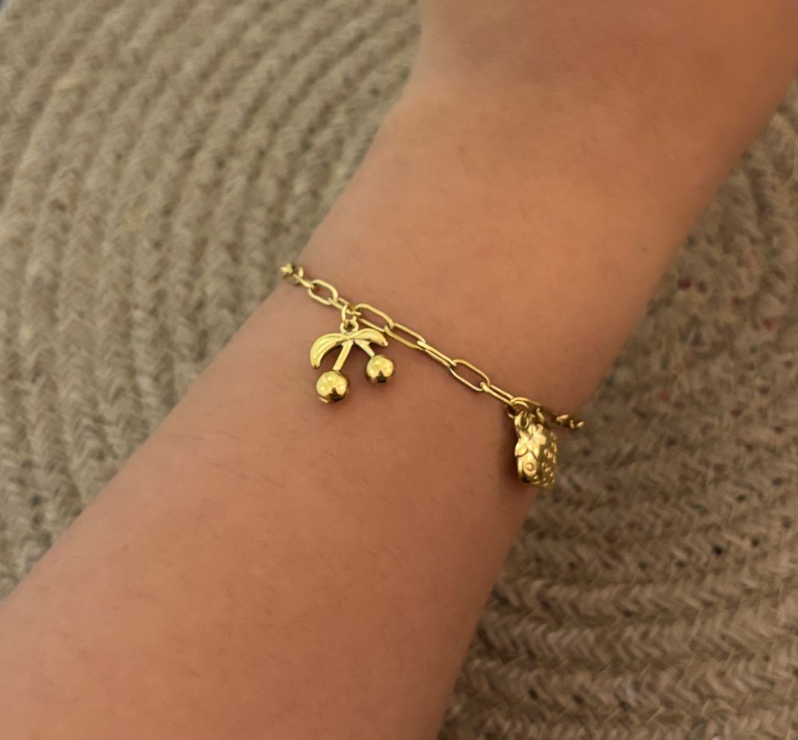 Women Stainless Steel Golden Cherry Charm Bracelet (Anti Tarnish)