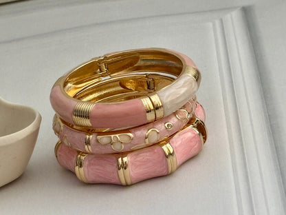 Women Floral Pink Enamel Kada Bracelet Stack (Set Of 3)