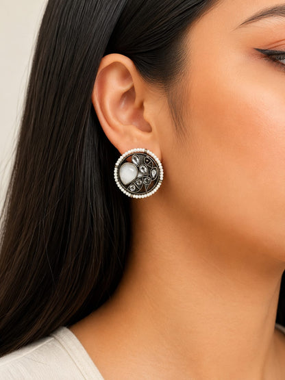 German Silver Stone Pearl Peacock Earrings - Nimé By Shop Trendys