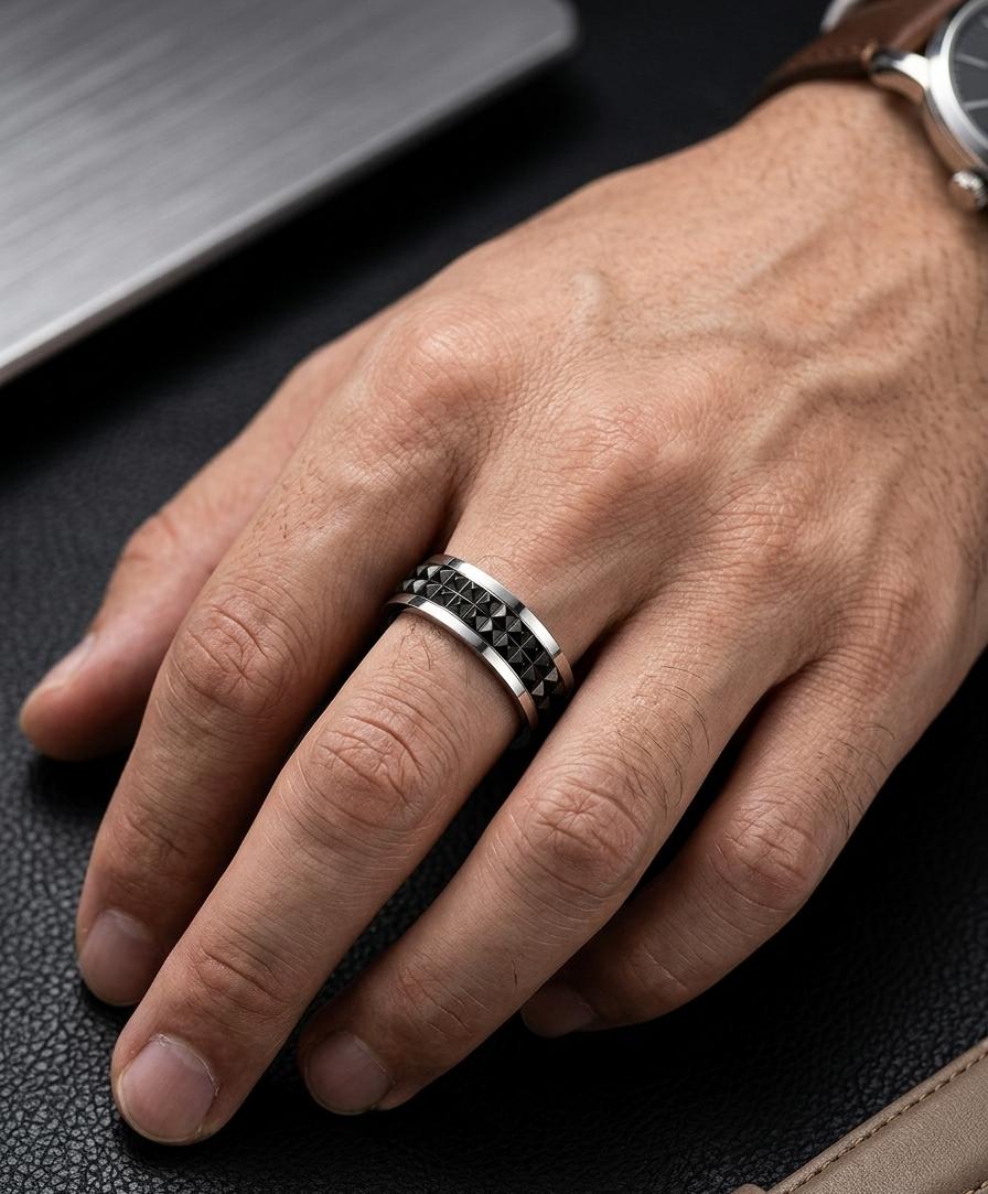 Silver Black Studded Band Men Ring