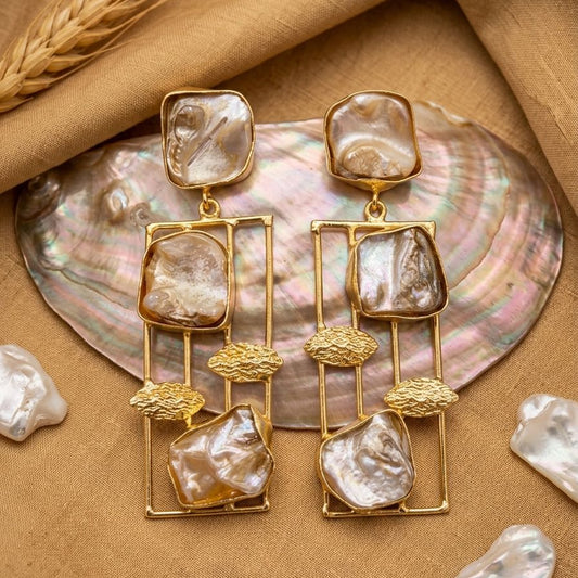Mother Of Pearl Cage Designer Golden Earrings - Nimé By Shop Trendys