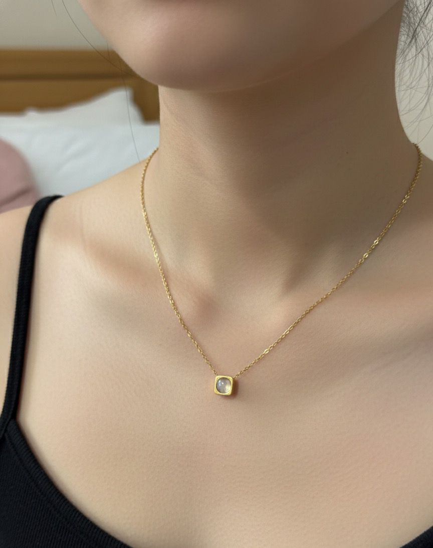 Women Square Moon Stone Necklace (Anti Tarnish)