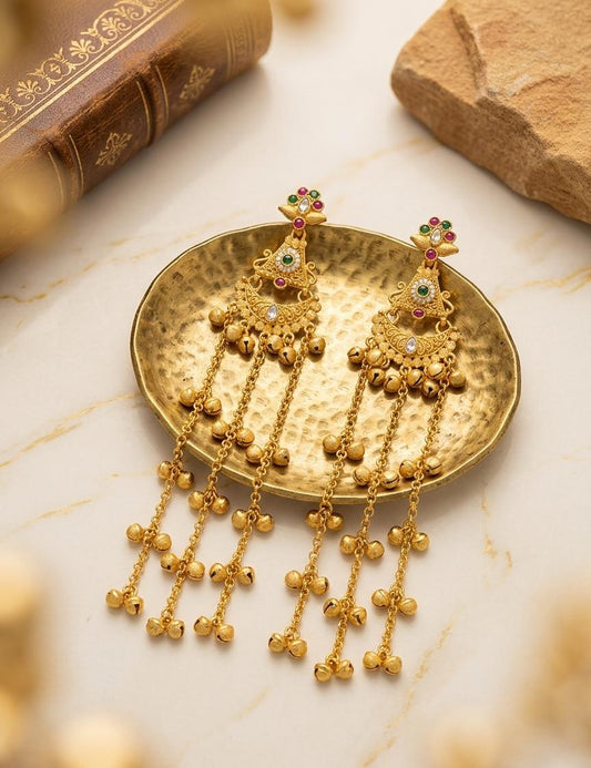 Red Green Triangle Ghungroo Long Kashmiri Earrings - Nimé By Shop Trendys